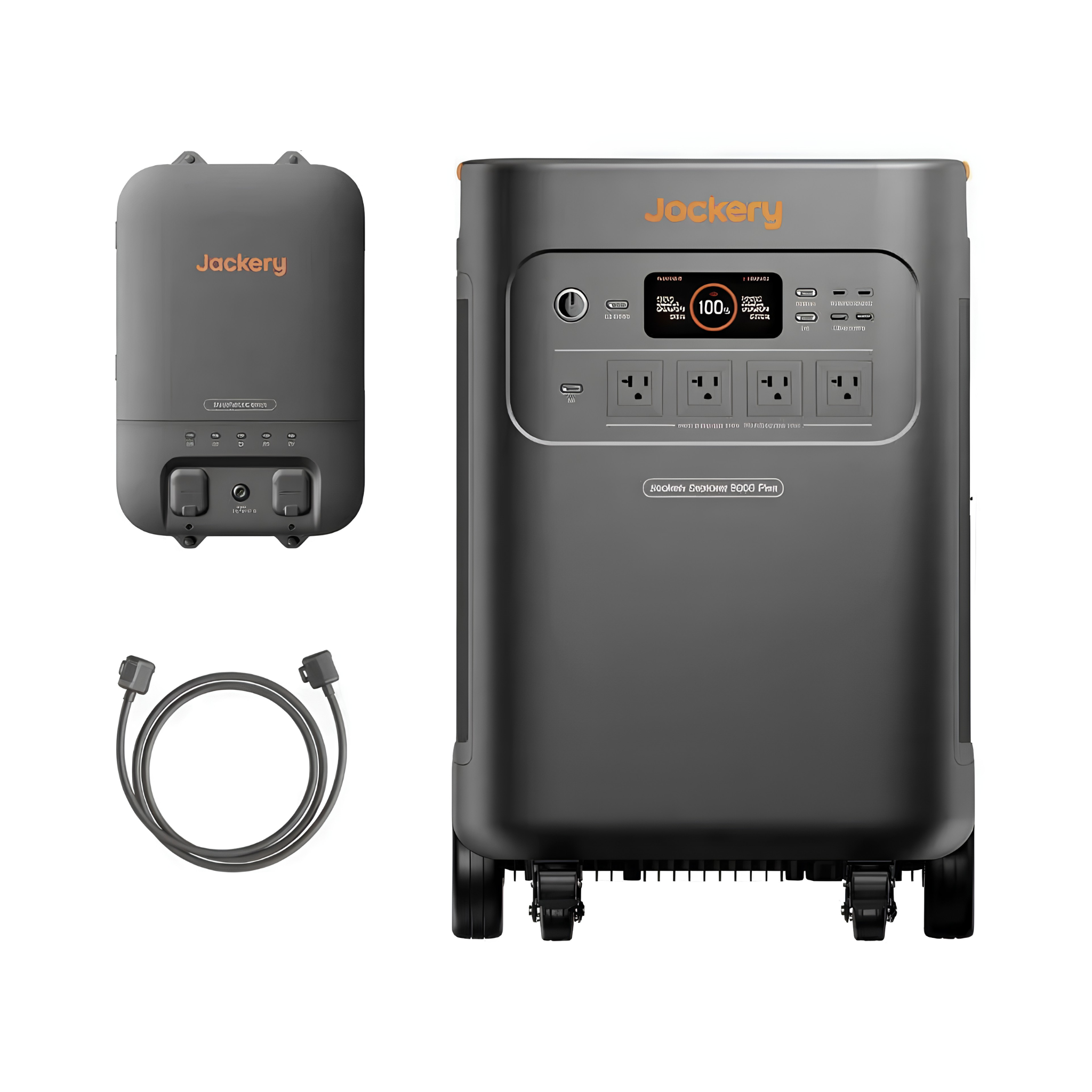 Jackery Solar Generator Explorer 5000 Plus + Smart Transfer Switch shown with the main portable power station, wall-mount smart transfer switch, and connection cable