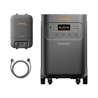 Jackery Solar Generator Explorer 5000 Plus + Smart Transfer Switch shown with the main portable power station, wall-mount smart transfer switch, and connection cable