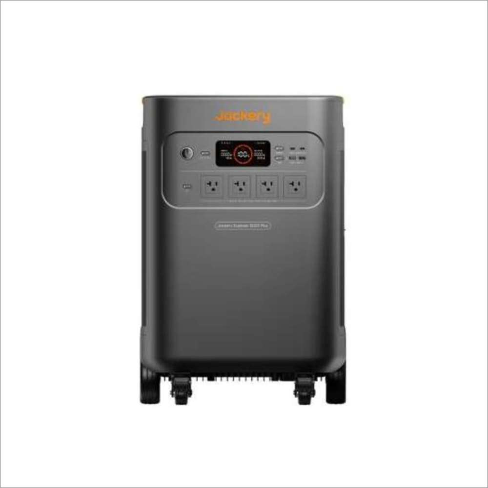 Jackery Solar Generator Explorer 5000 Plus + SolarSaga 500X x 2 front-facing view showing the digital display, control buttons, and several AC power outlets