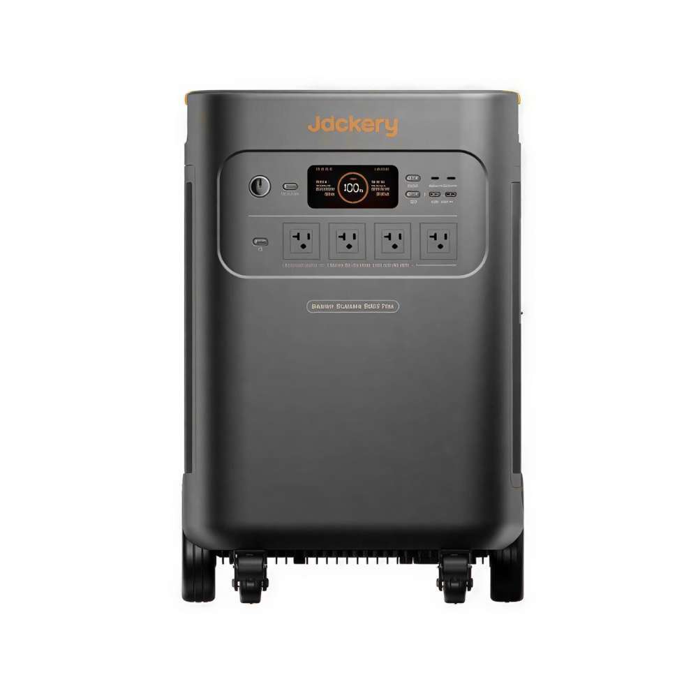Jackery Explorer 5000 Plus Portable Power Station shown from the front with four AC outlets, USB ports, and central display screen