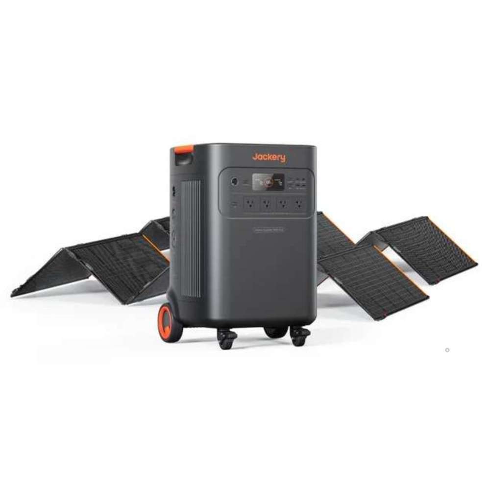 Jackery Solar Generator Explorer 5000 Plus + SolarSaga 500X x 2 portable power station positioned in front of two unfolded solar panels