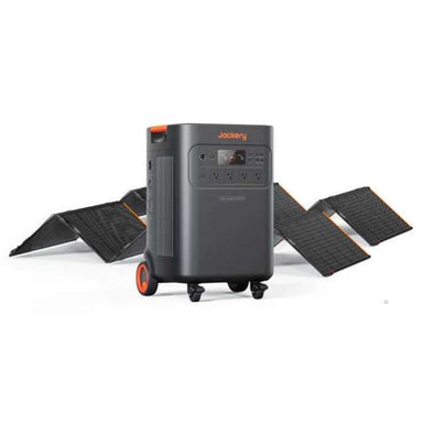 Jackery Solar Generator Explorer 5000 Plus + SolarSaga 500X x 2 portable power station positioned in front of two unfolded solar panels