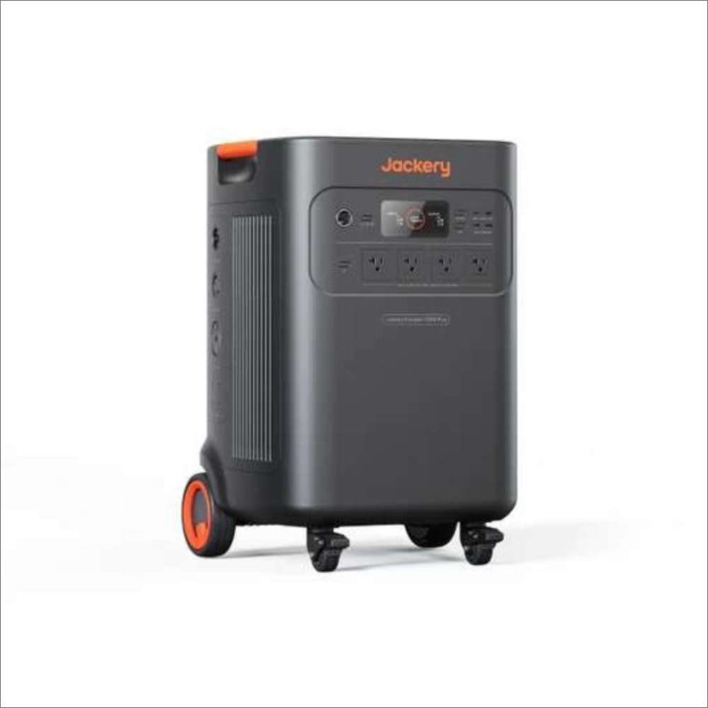Jackery Solar Generator Explorer 5000 Plus + SolarSaga 500X x 2 portable power station shown at an angle, featuring a large black body, orange accents, wheels, and multiple power outlets on the front