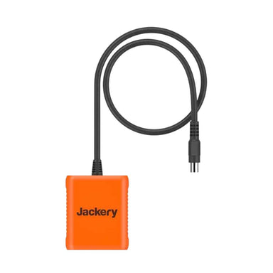 Jackery Solar Panel Connector (E1500B) shown as an orange connector box with a black cable and plug on a white background
