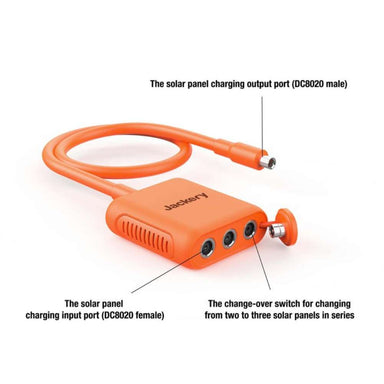 Jackery Solar Panel Connector showing DC8020 input and output ports with a switch for connecting two or three solar panels in series