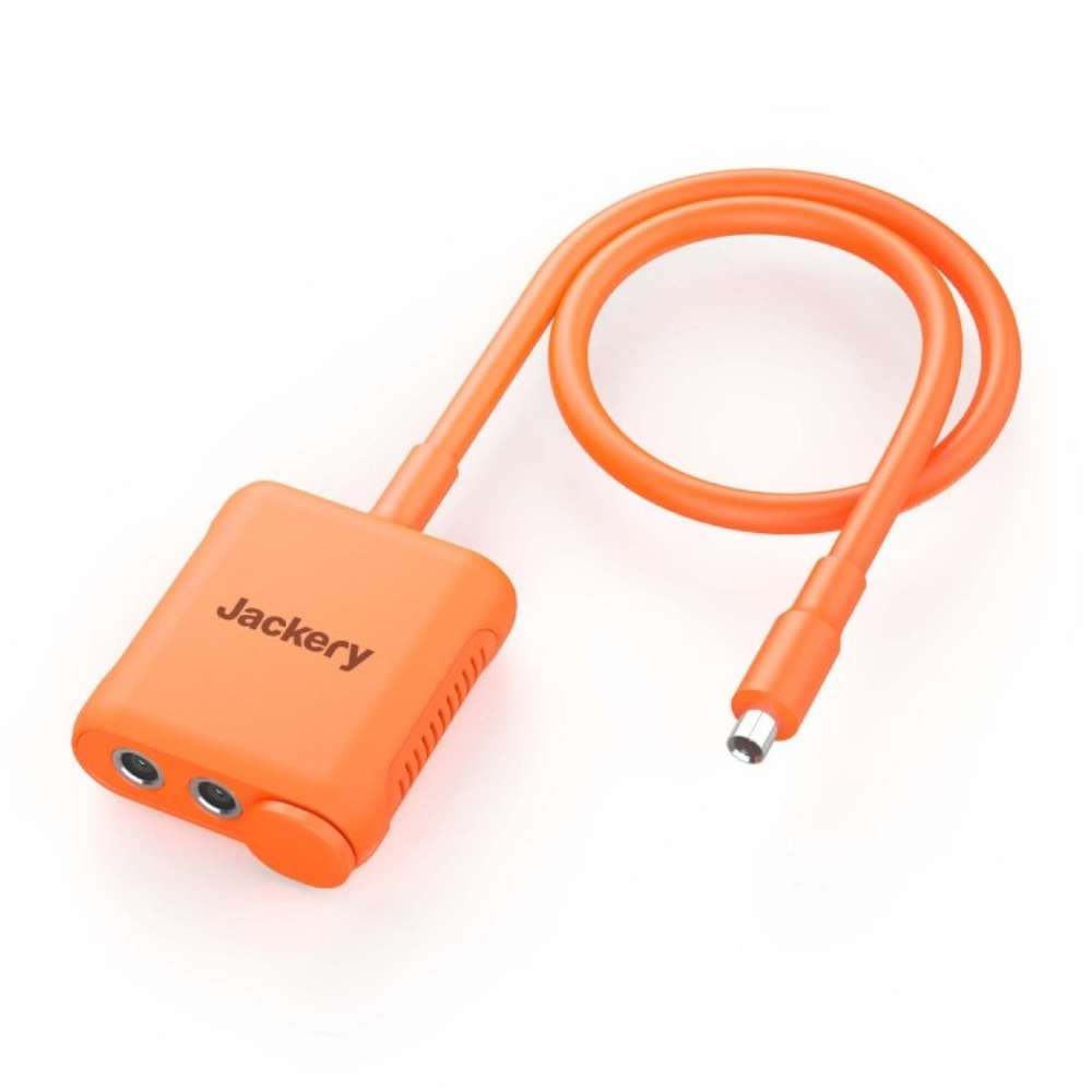 Jackery Solar Panel Connector with dual DC ports and an attached cable displayed on a white background