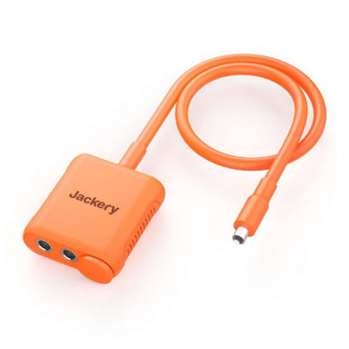 Jackery Solar Panel Connector with dual DC ports and an attached cable displayed on a white background