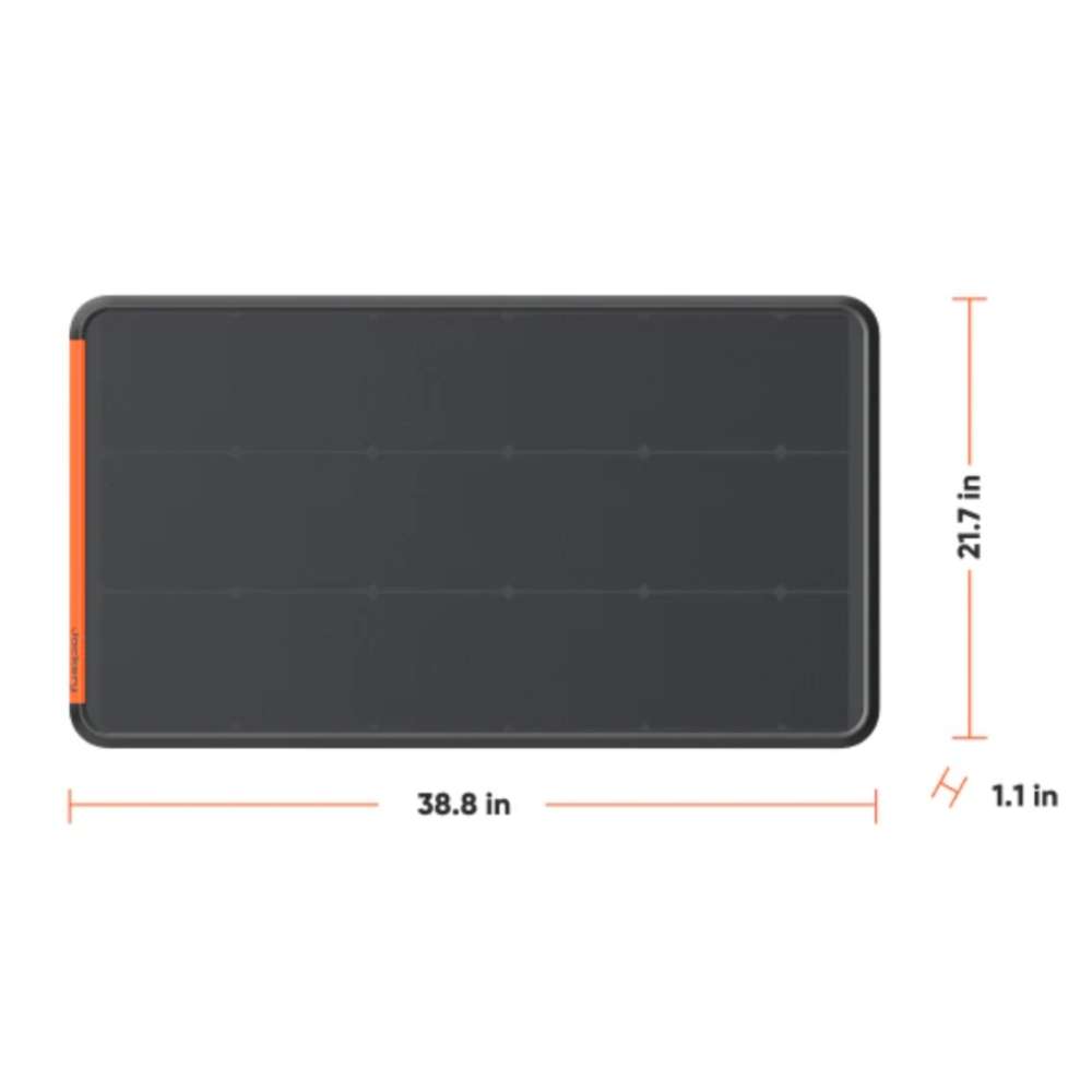 Jackery SolarSaga 100 Prime Solar Panel displayed with dimensions measuring 38.8 inches long, 21.7 inches wide, and 1.1 inches thick
