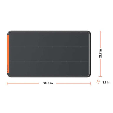 Jackery SolarSaga 100 Prime Solar Panel displayed with dimensions measuring 38.8 inches long, 21.7 inches wide, and 1.1 inches thick