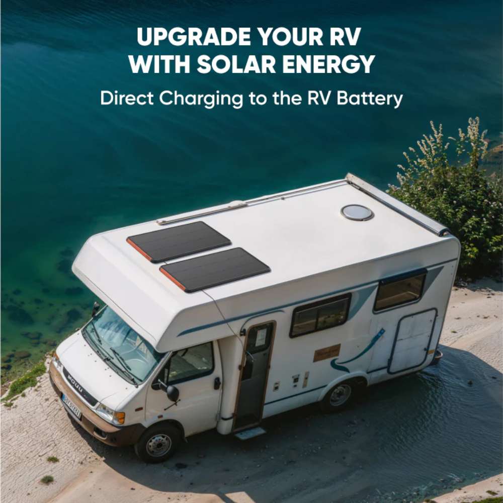 Jackery SolarSaga 100 Prime Solar Panel installed on an RV roof, providing direct solar charging for the vehicle's battery