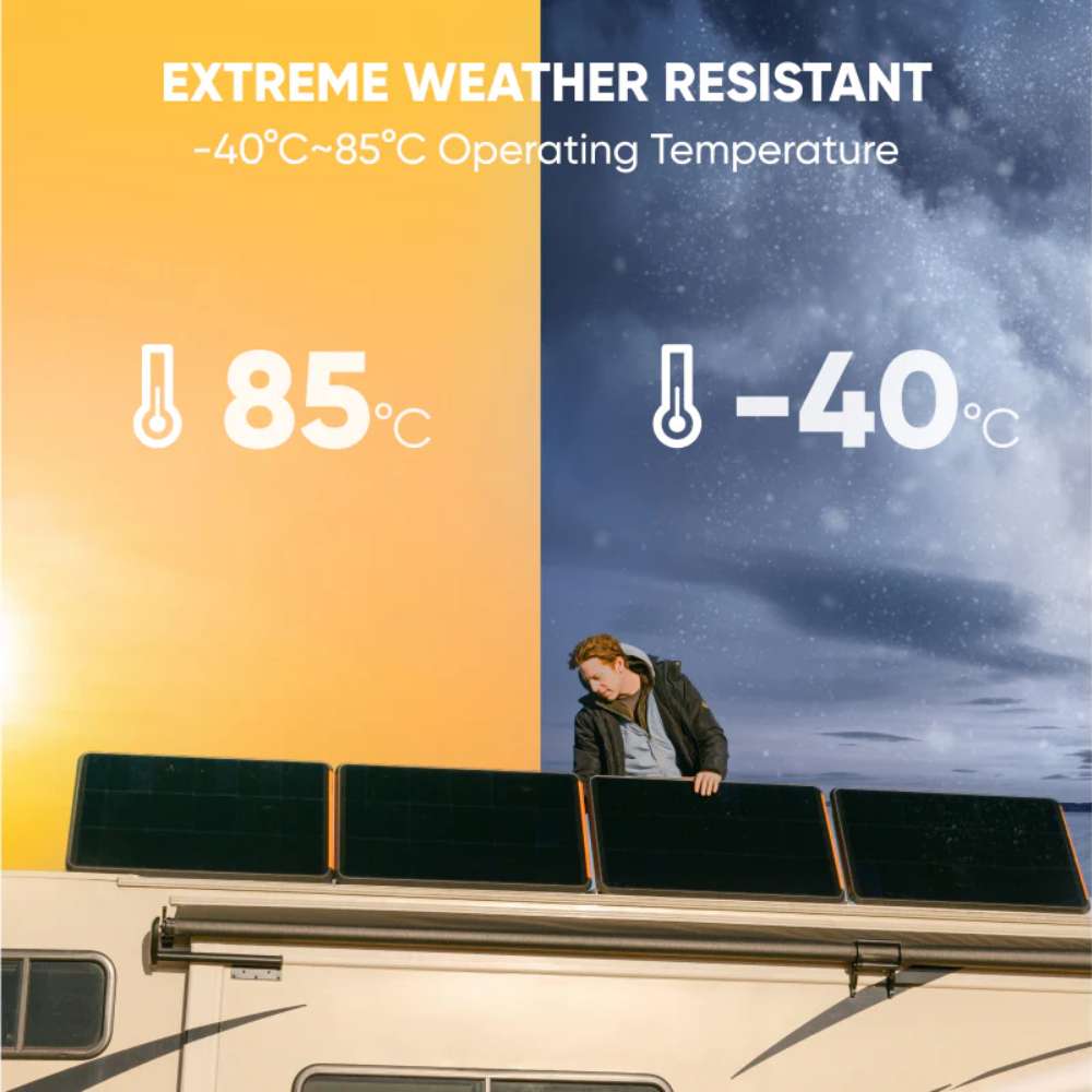 Jackery SolarSaga 100 Prime Solar Panel mounted on an RV roof, illustrating reliable performance in hot and freezing weather conditions