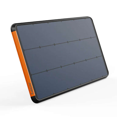 Jackery SolarSaga 100 Prime Solar Panel shown from an angled front view with a slim black design and orange side trim