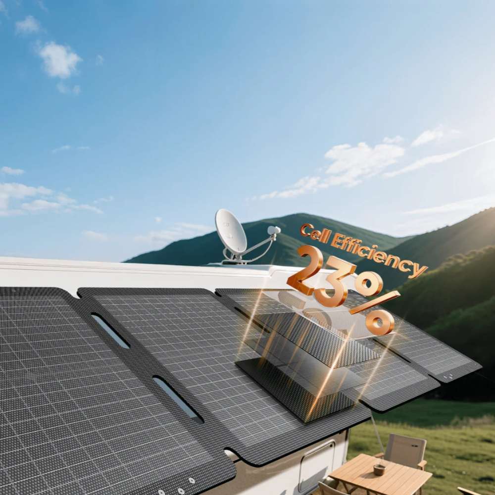 Jackery SolarSaga 100W Air Solar Panel displayed with a graphic highlighting its 23% cell efficiency beside an RV