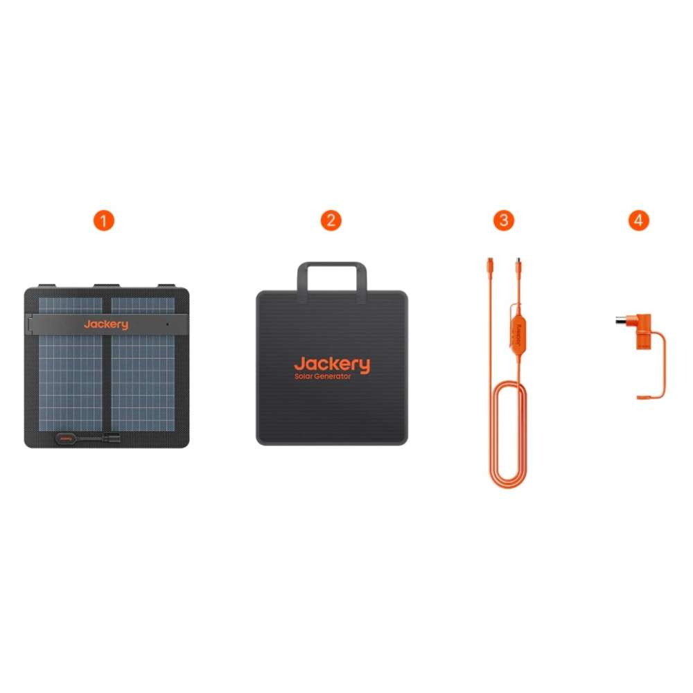 Jackery SolarSaga 100W Air Solar Panel package contents including the folded panel, carrying case, charging cable, and adapter