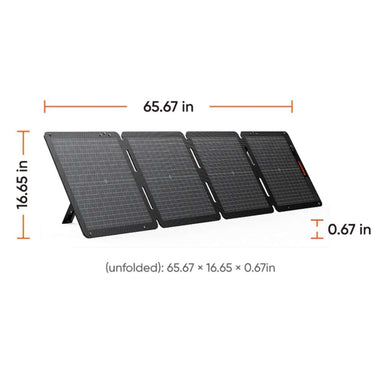 Jackery SolarSaga 100W Air Solar Panel shown unfolded with dimensions of 65.67 × 16.65 × 0.67 inches