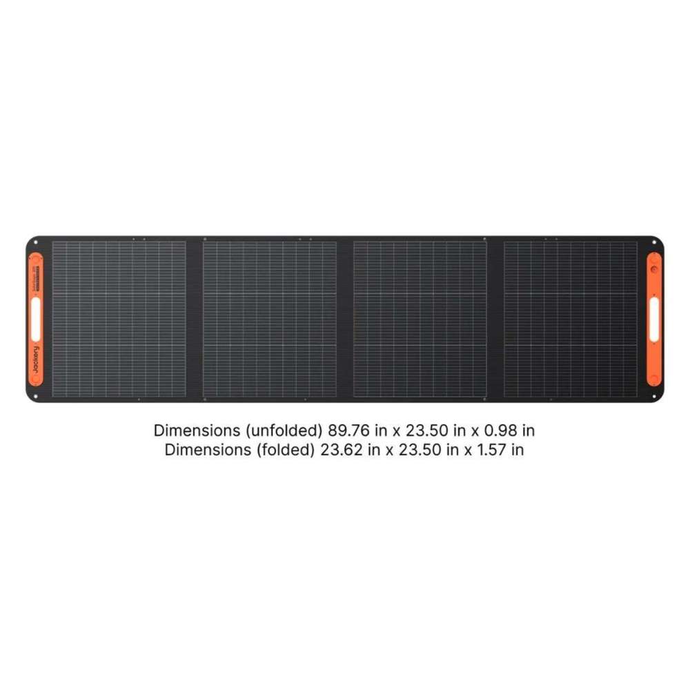 Jackery SolarSaga 200W Solar Panel shown fully unfolded and folded with labeled dimensions to compare its open and compact storage sizes