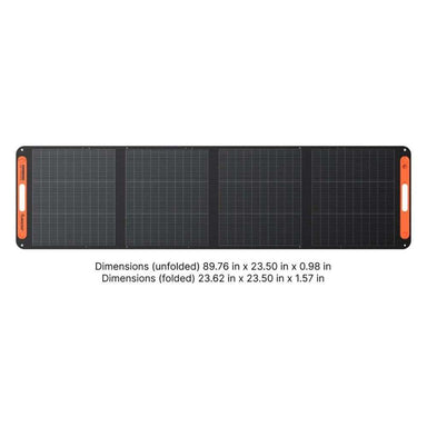 Jackery SolarSaga 200W Solar Panel shown fully unfolded and folded with labeled dimensions to compare its open and compact storage sizes