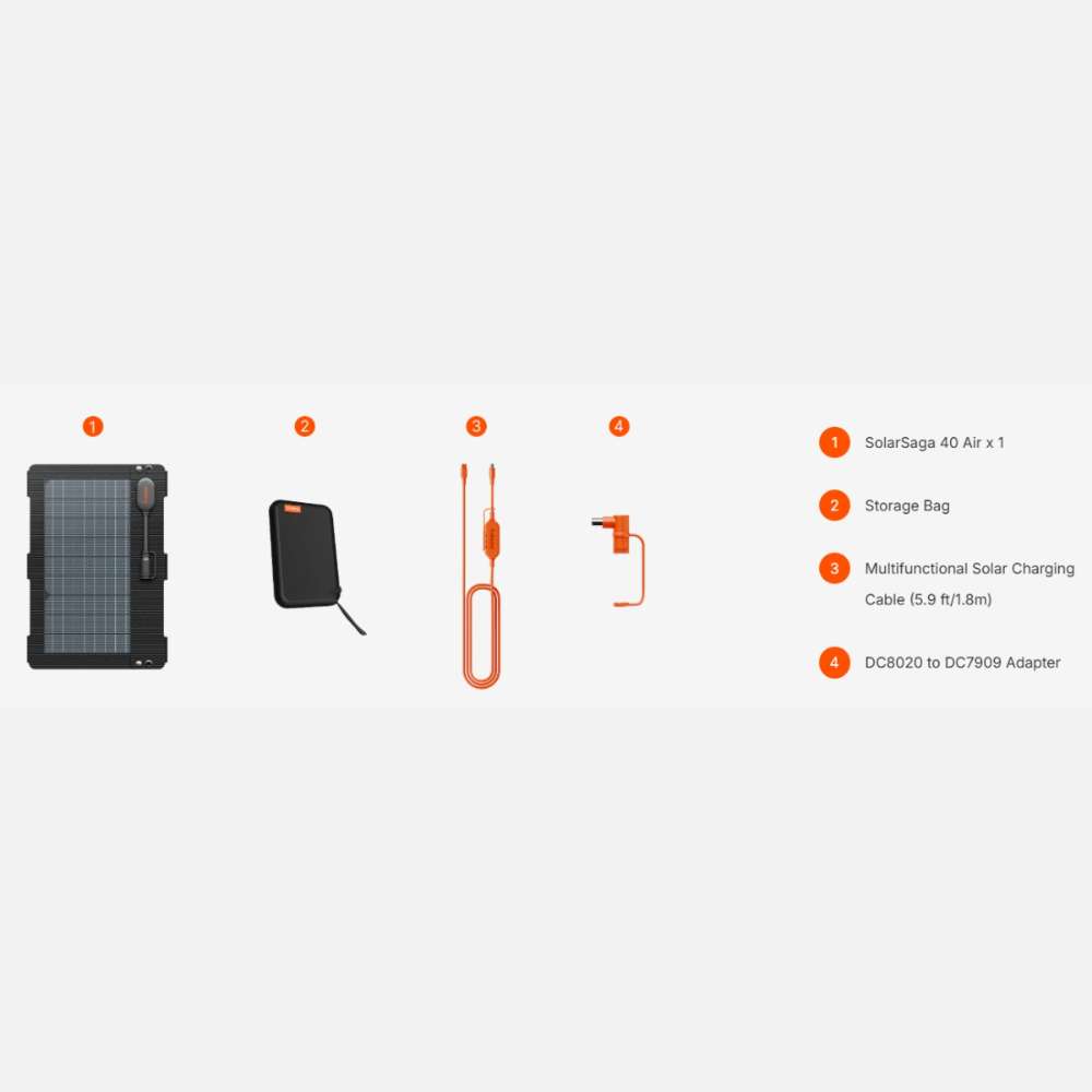 Jackery SolarSaga 40 Air Solar Panel comes with a storage bag, charging cable, and DC adapter for portable solar charging