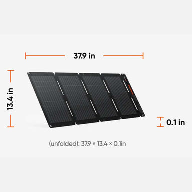 Jackery SolarSaga 40 Air Solar Panel is displayed unfolded with its full dimensions, showing the slim four-panel design