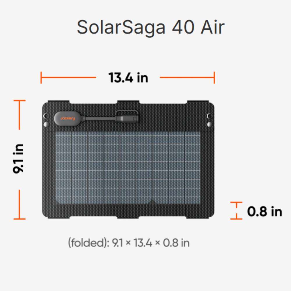 Jackery SolarSaga 40 Air Solar Panel is shown folded with its compact dimensions for easy carrying and storage