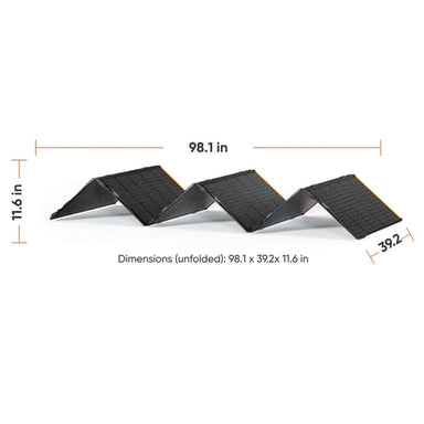 Jackery SolarSaga 500X Solar Panel is shown unfolded with dimensions labeled as 98.1 x 39.2 x 11.6 inches