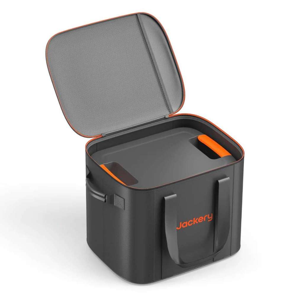 Jackery Upgraded Carrying Case Bag (L) opened to show its spacious interior ready to hold a portable power station