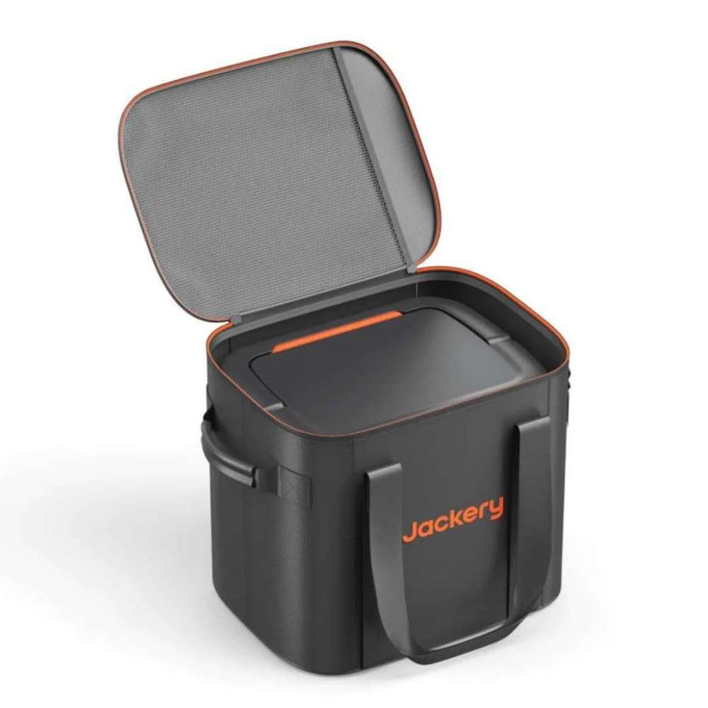 Jackery Upgraded Carrying Case Bag (M) with the lid open, showing a padded interior for secure portable power station storage