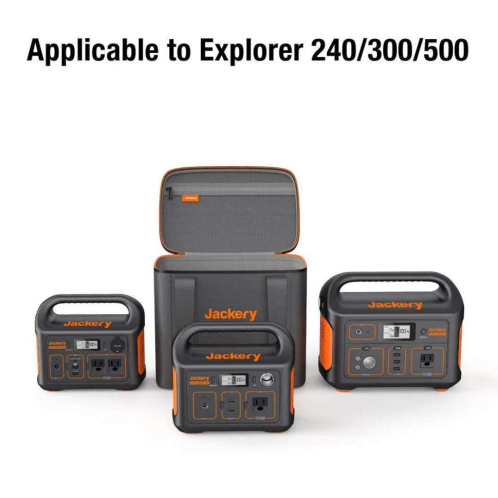 Jackery Upgraded Carrying Case Bag (S) displayed with compatible Jackery Explorer 240, 300, and 500 portable power stations