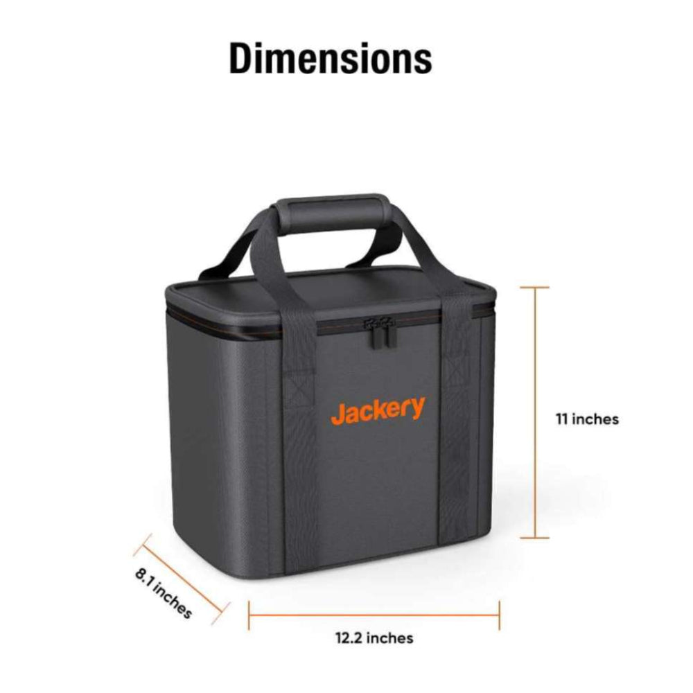 Jackery Upgraded Carrying Case Bag (S) with dimensions labeled 12.2 × 8.1 × 11 inches shown beside the compact carrying case