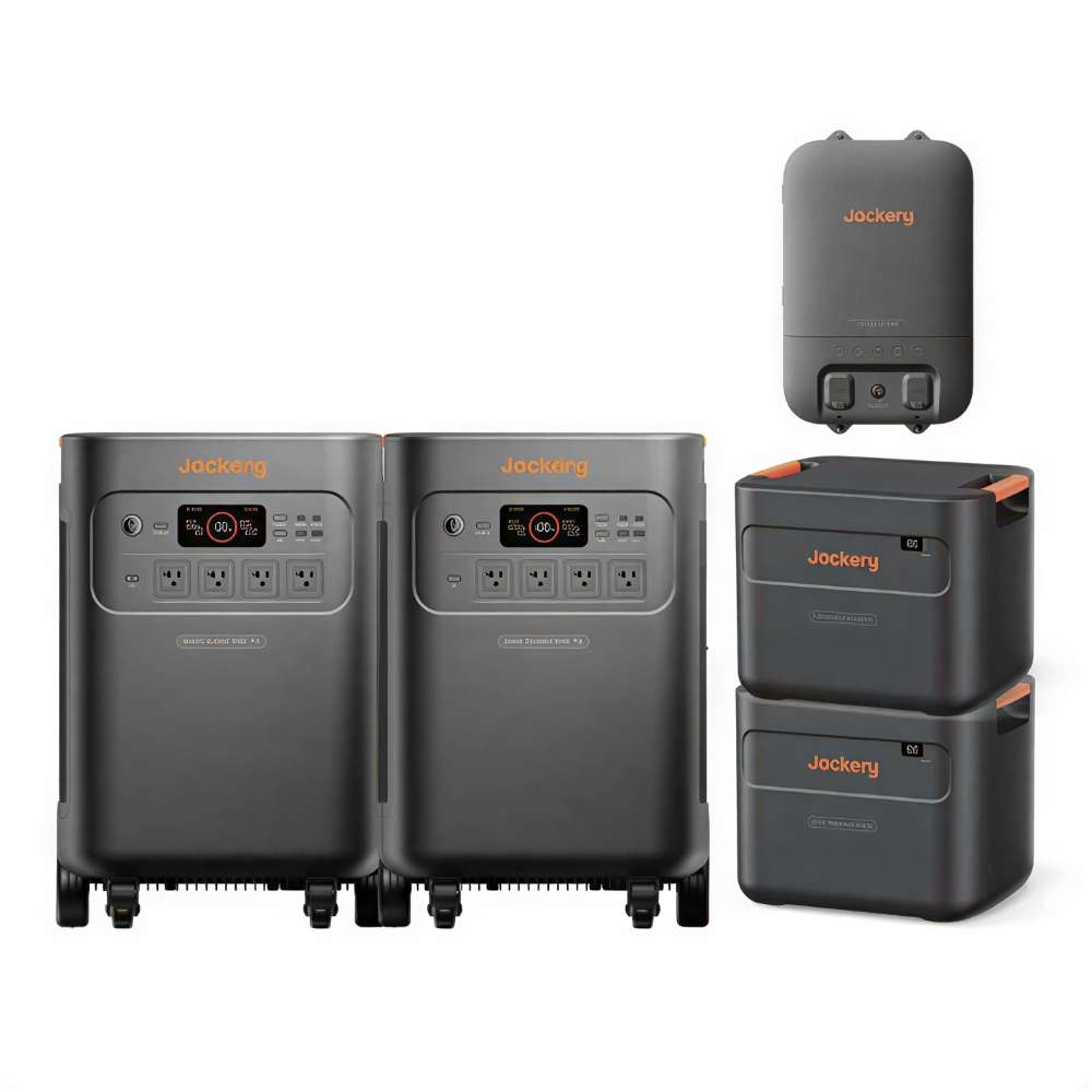 Jackery Whole-Home Backup Kit 5000 Plus (20kWh) comes with two portable power stations, two expansion batteries, and a smart transfer switch