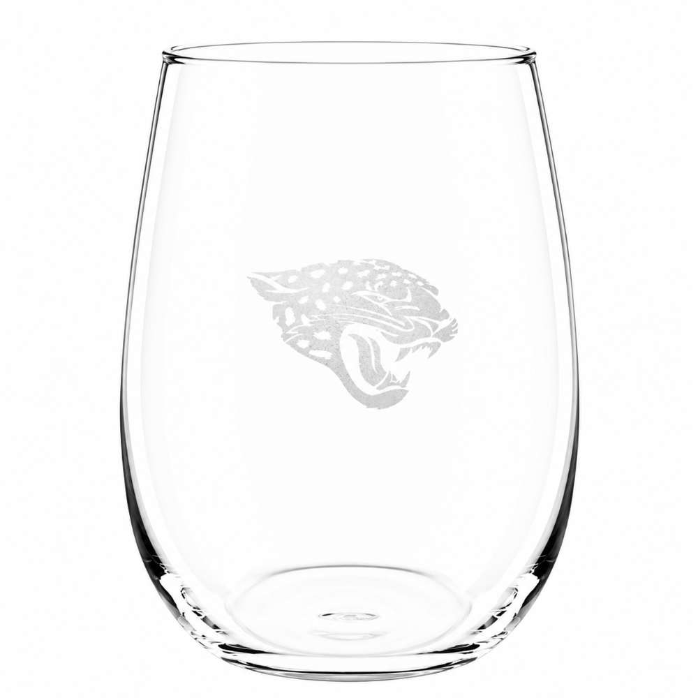 Jacksonville Jaguars Crate & Barrel NFL Aspen 17oz Stemless Wine Glass, Set of 4 features a clear stemless glass etched with the Jaguars roaring jaguar-head logo