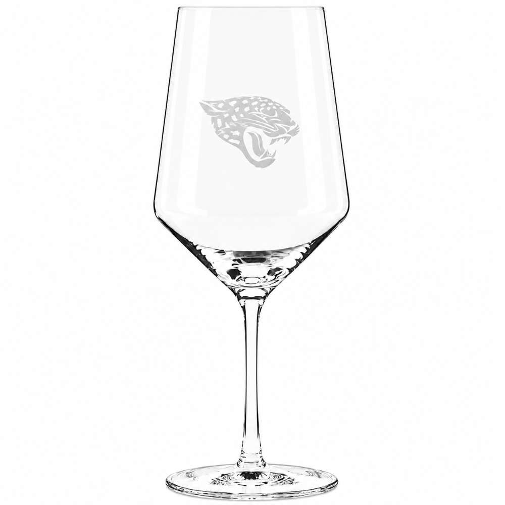Jacksonville Jaguars Crate & Barrel NFL Tour 18oz Red Wine Glass, Set of 4 featuring the Jaguars roaring jaguar-head logo etched on a clear stemmed wine glass