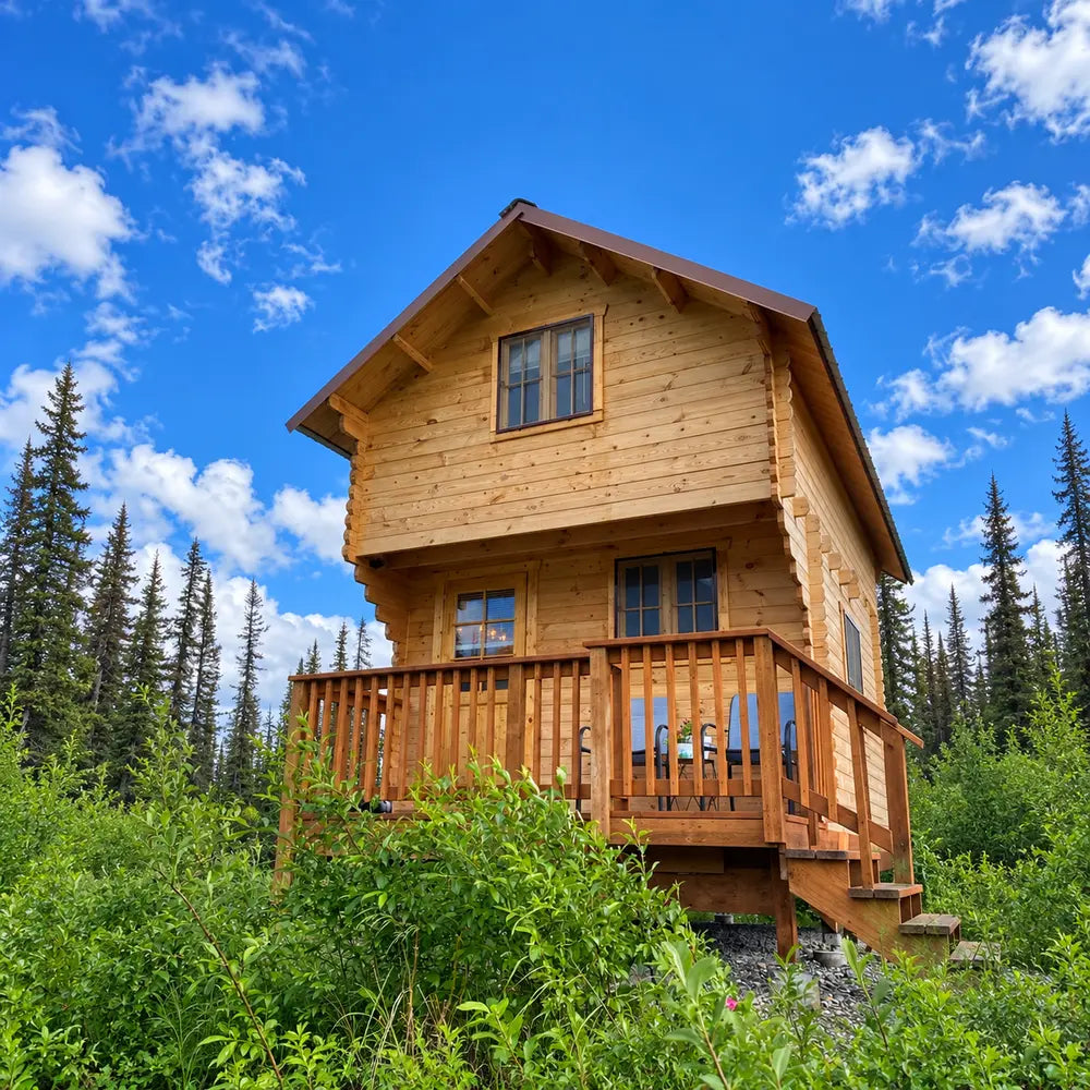 Tall Jumbo Grand Loft 130 SD cabin with an upper loft window, wooden balcony and steps surrounded by lush greenery.
