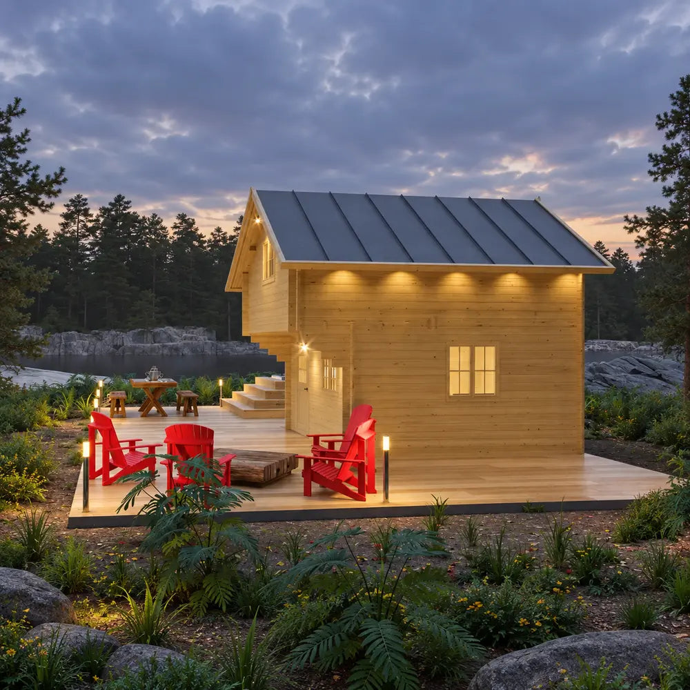 Jumbo Grand Loft 130 SD cabin at dusk with illuminated wood siding, modern deck lighting and bright red Adirondack chairs.