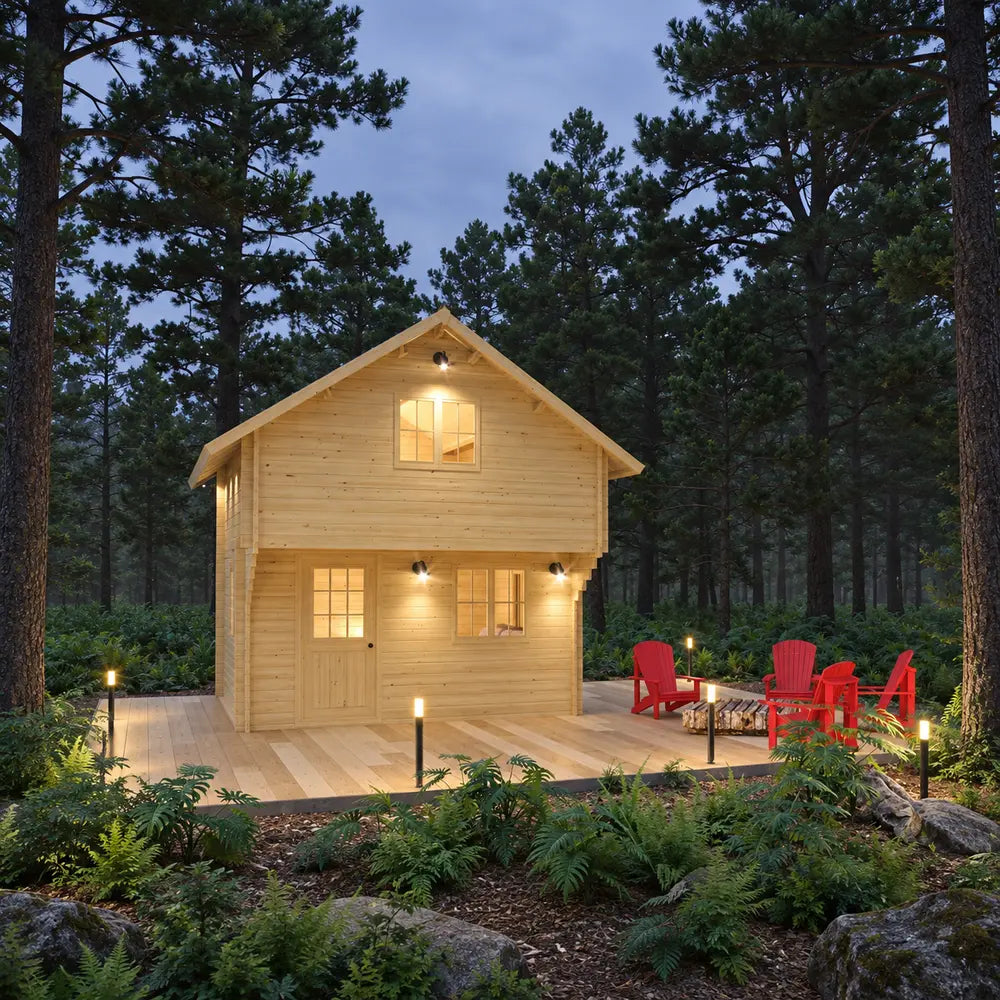 Warmly illuminated Jumbo Grand Loft 130 SD cabin on a wooden deck surrounded by tall pine trees and red outdoor chairs.
