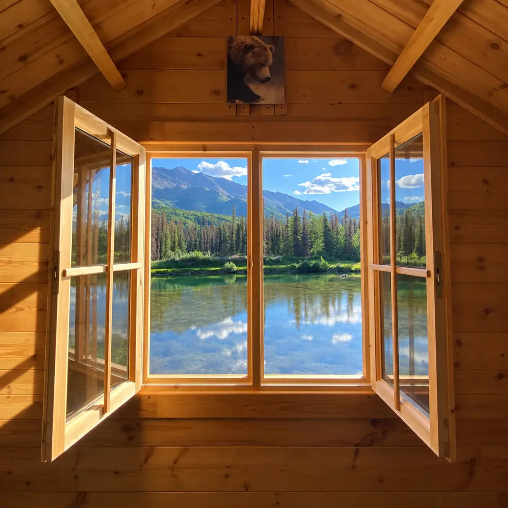 Wide-open wooden windows inside the Jumbo Grand Loft 130 SD framing a calm lake, pine forest and distant mountains.