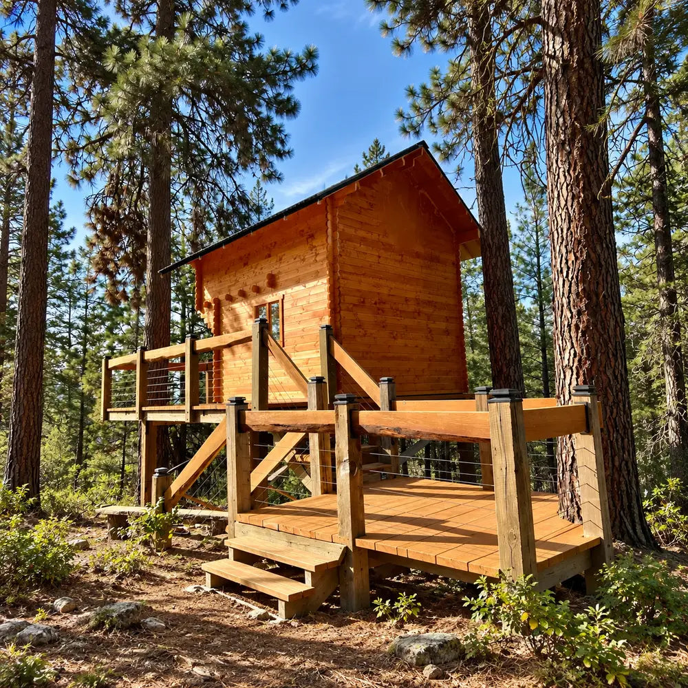 Sunlit Jumbo Grand Loft 130 SD wooden cabin with an elevated deck, stairs and railings among tall pine trees.