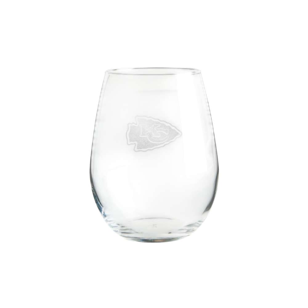 Kansas City Chiefs Crate & Barrel NFL Aspen 11.75oz Stemless Wine Glass, Set of 4 featuring an etched arrowhead logo with “KC” on clear glass