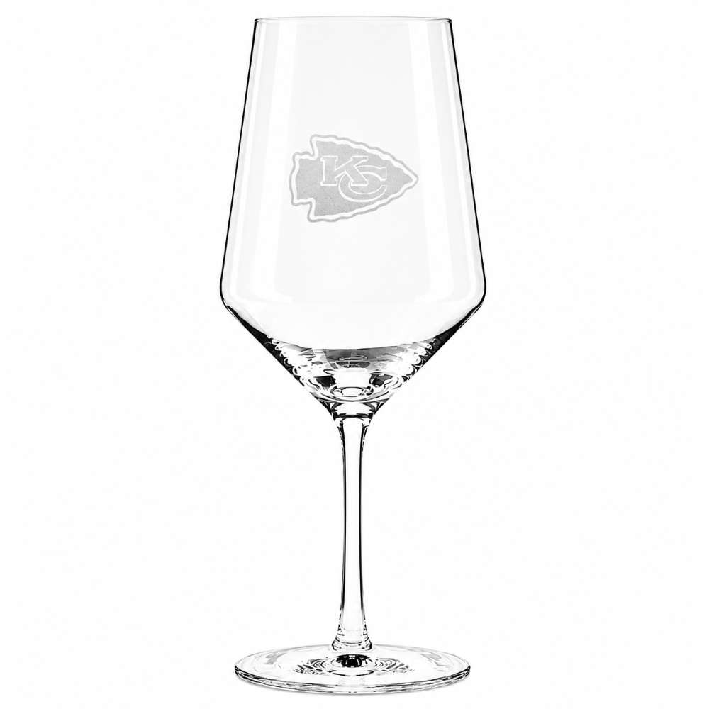 Kansas City Chiefs Crate & Barrel NFL Tour 18oz Red Wine Glass, Set of 4 featuring the Chiefs arrowhead “KC” logo etched on a clear stemmed wine glass