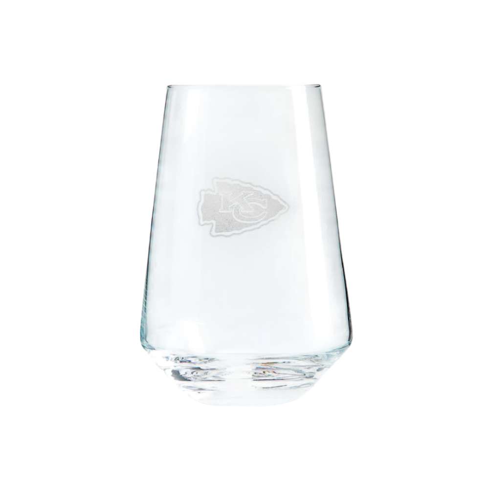 Kansas City Chiefs Crate & Barrel NFL Tour 19oz Stemless Wine Glass, Set of 4 featuring the Chiefs arrowhead logo etched on clear glass