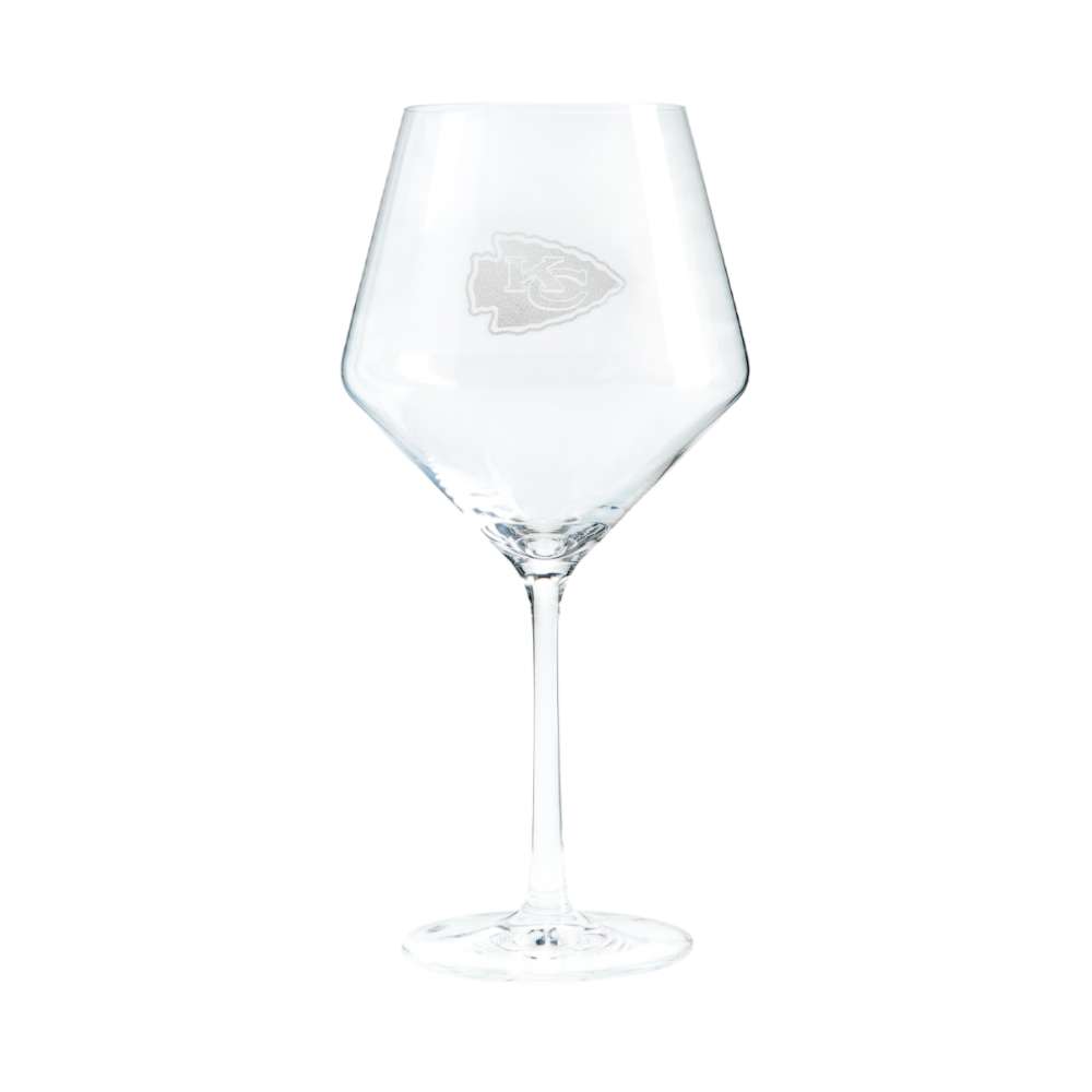 Kansas City Chiefs Crate & Barrel NFL Tour 24oz Red Wine Glass, Set of 4 featuring the Chiefs arrowhead KC logo etched on a clear stemmed wine glass