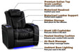 Key features of the Valencia Tuscany Heat & Massage Home Edition Theater Seating include a motorized headrest, lumbar support, and hidden storage for convenience