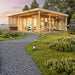 At sunset, the GardenHouse24 USA Kilian 70 Garden Room glows with ambient lighting, outdoor seating, and a cozy furnished interior