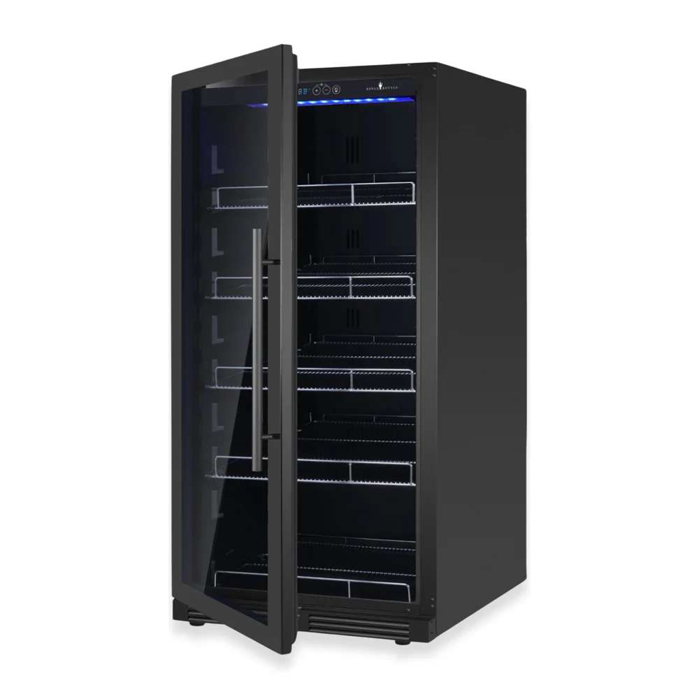 KingsBottle 389 Cans Capacity Upright Beverage Refrigerator With Low-E Glass Door appears with its door open, showing multiple wire shelves and soft blue interior lighting