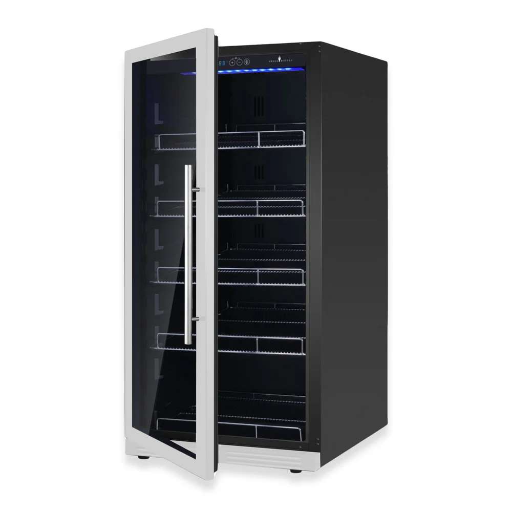 KingsBottle 389 Cans Capacity Upright Beverage Refrigerator With Low-E Glass Door in stainless steel is shown open
