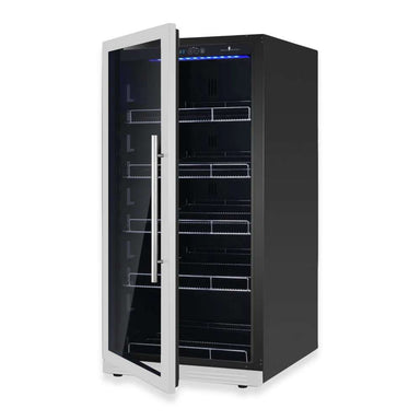KingsBottle 389 Cans Capacity Upright Beverage Refrigerator With Low-E Glass Door in stainless steel is shown open