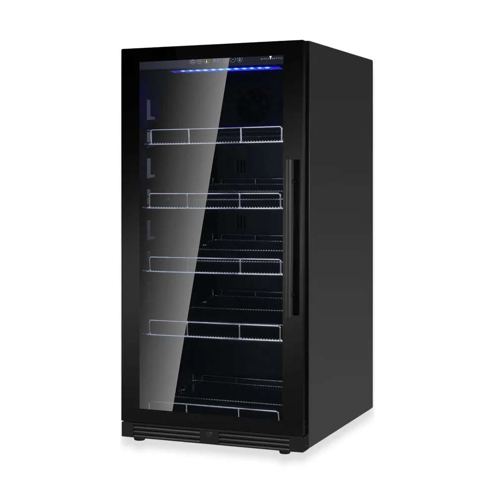 KingsBottle 389 Cans Capacity Upright Beverage Refrigerator With Low-E Glass Door is shown with a sleek black finish and closed glass door, revealing neatly arranged interior shelves