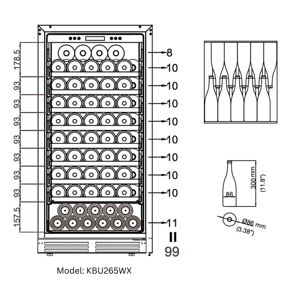 KingsBottle 47" High Upright Wine and Beverage Refrigerator Combo With Low-E Glass Door diagram highlights wine bottle storage layout with spacing and size details