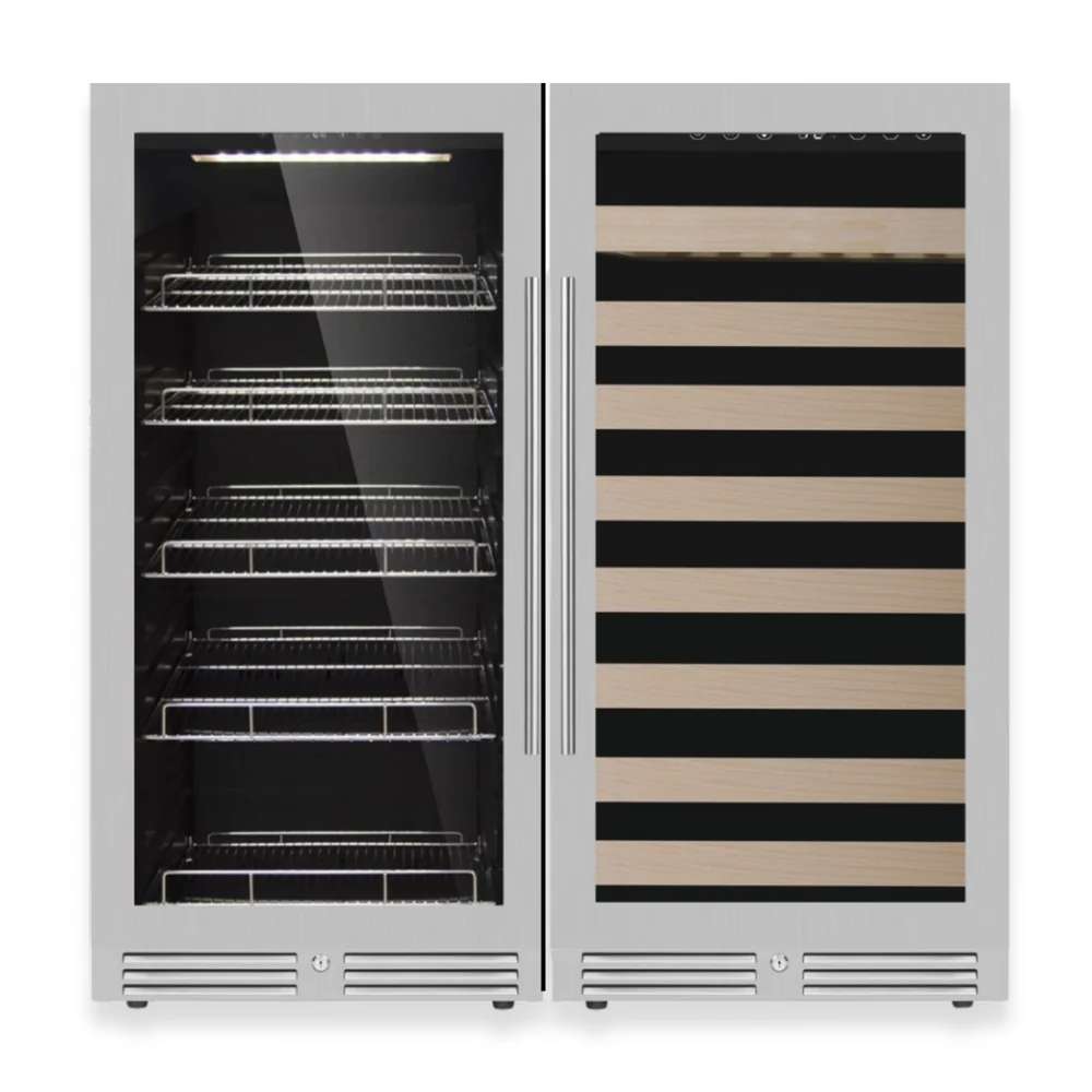 KingsBottle 47" High Upright Wine and Beverage Refrigerator Combo With Low-E Glass Door features a sleek stainless steel finish with glass doors and separate storage for beverages and wine