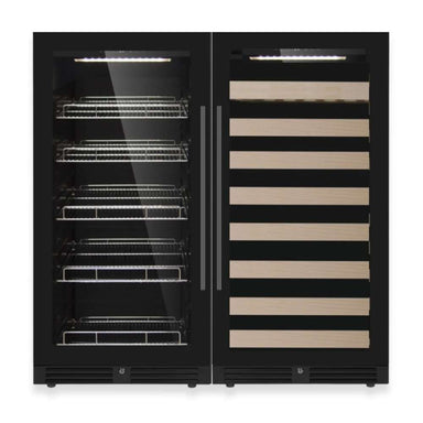 KingsBottle 47" High Upright Wine and Beverage Refrigerator Combo With Low-E Glass Door shows a dual-zone design with wire shelves for drinks and wooden racks for wine
